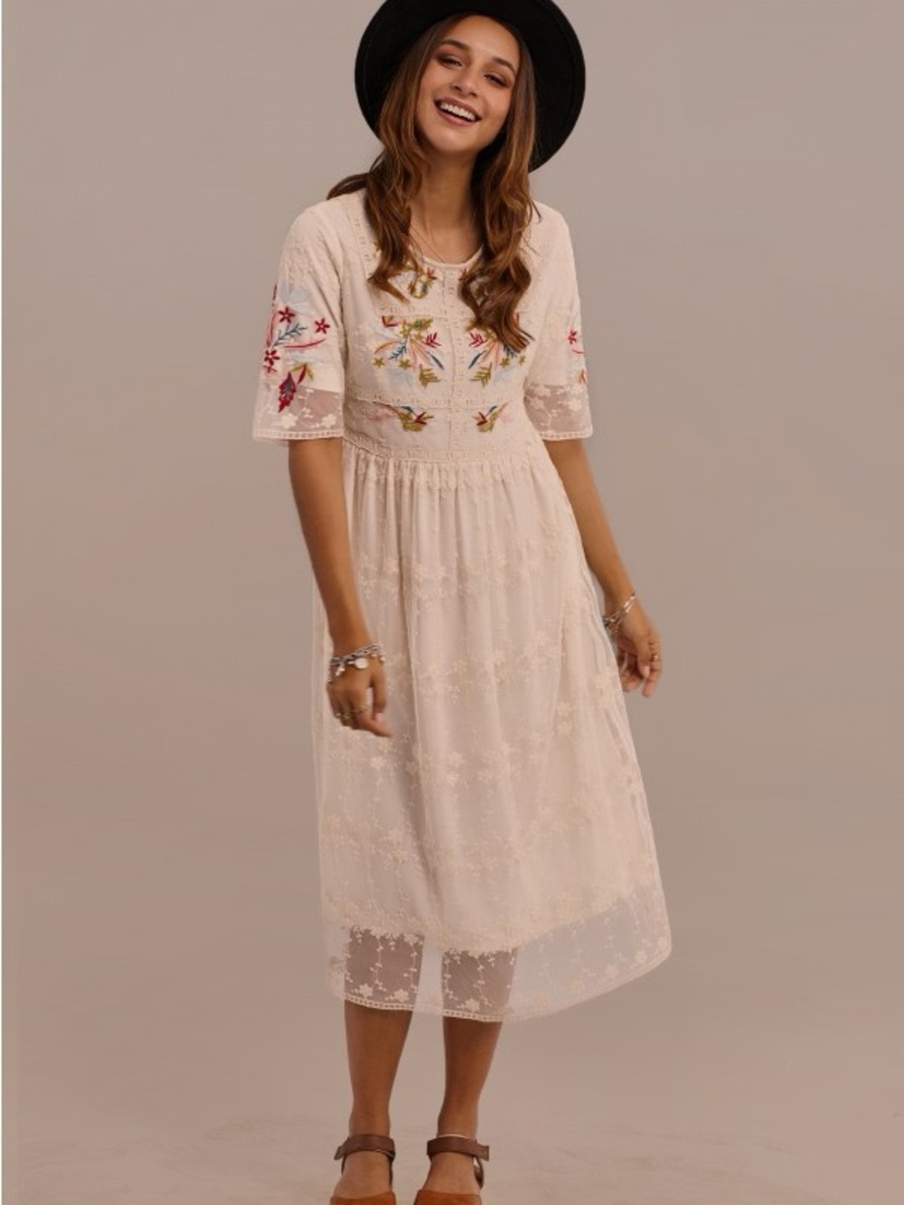 Ivory Embroidered Midi Dress with Floral Detail